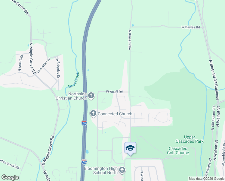 map of restaurants, bars, coffee shops, grocery stores, and more near 960-1198 West Acuff Road in Bloomington