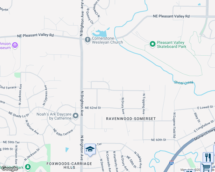map of restaurants, bars, coffee shops, grocery stores, and more near 6305 North Colorado Avenue in Kansas City