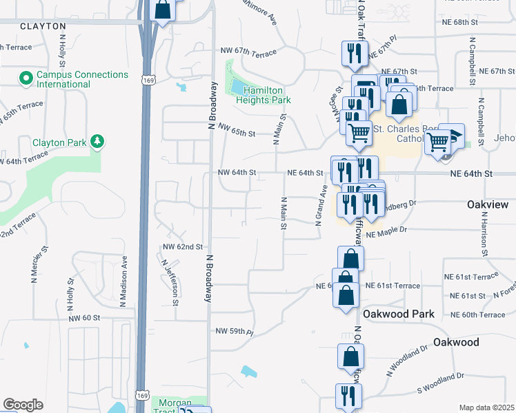 map of restaurants, bars, coffee shops, grocery stores, and more near 106 Northwest 63rd Street in Gladstone