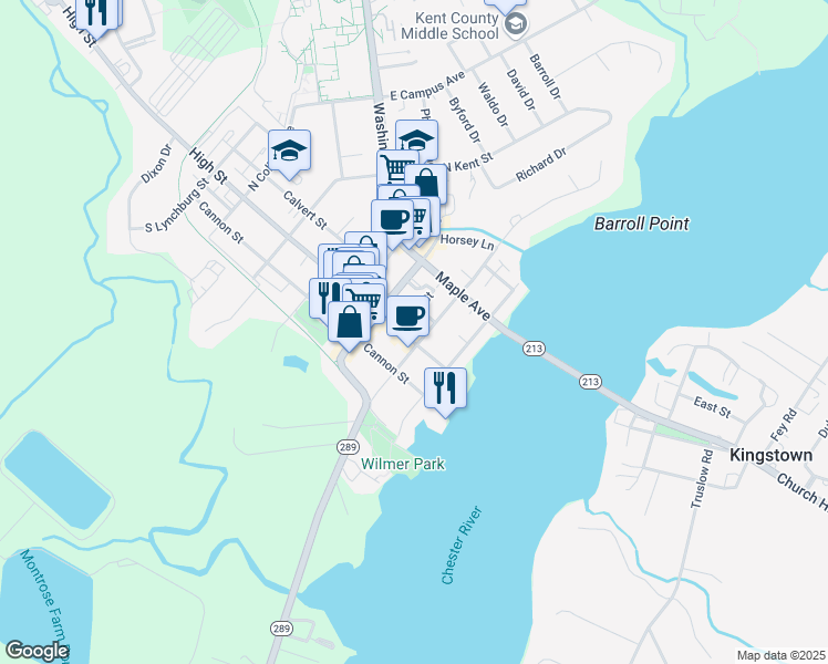 map of restaurants, bars, coffee shops, grocery stores, and more near 208 High Street in Chestertown