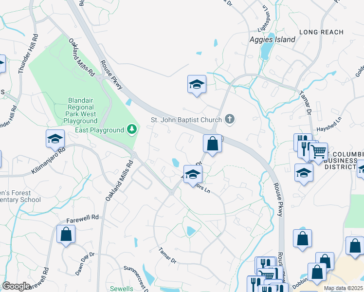 map of restaurants, bars, coffee shops, grocery stores, and more near 9100 Carriage House Lane in Columbia