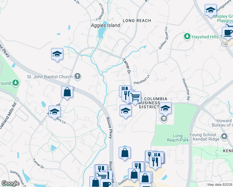 map of restaurants, bars, coffee shops, grocery stores, and more near 8774 Cloudleap Court in Columbia