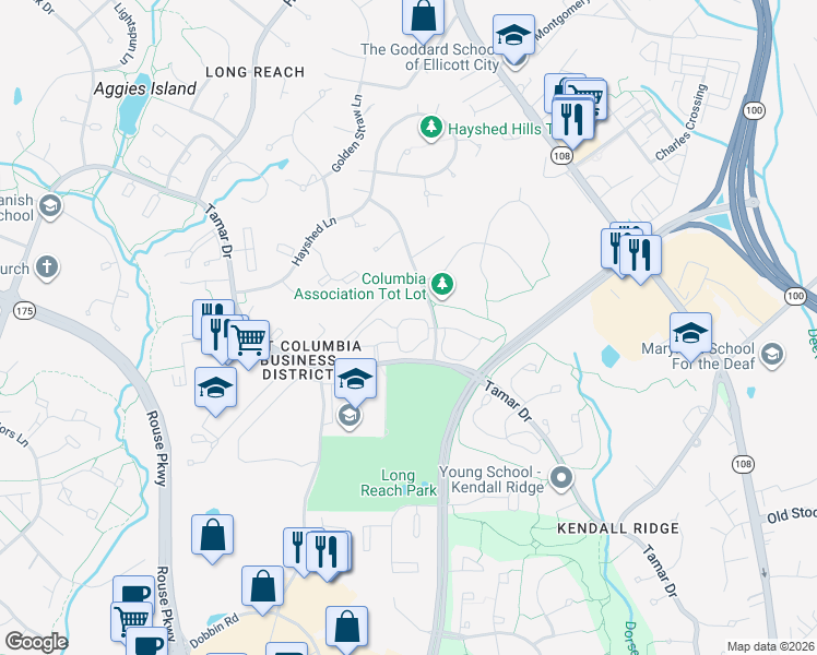 map of restaurants, bars, coffee shops, grocery stores, and more near 8478 Greystone Lane in Columbia