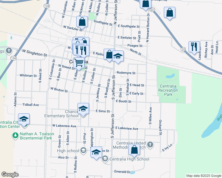 map of restaurants, bars, coffee shops, grocery stores, and more near Barnes St in Centralia