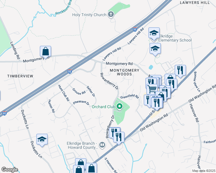 map of restaurants, bars, coffee shops, grocery stores, and more near 5910 Rowanberry Drive in Elkridge