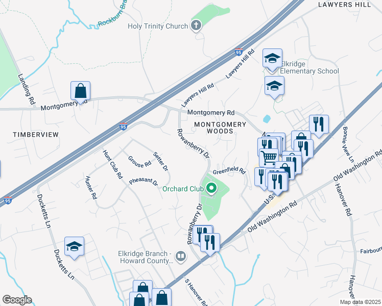 map of restaurants, bars, coffee shops, grocery stores, and more near 5984 Rowanberry Drive in Elkridge