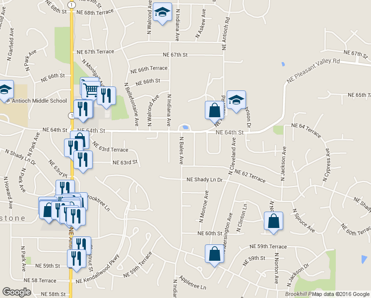 map of restaurants, bars, coffee shops, grocery stores, and more near 6305 North Bales Avenue in Gladstone