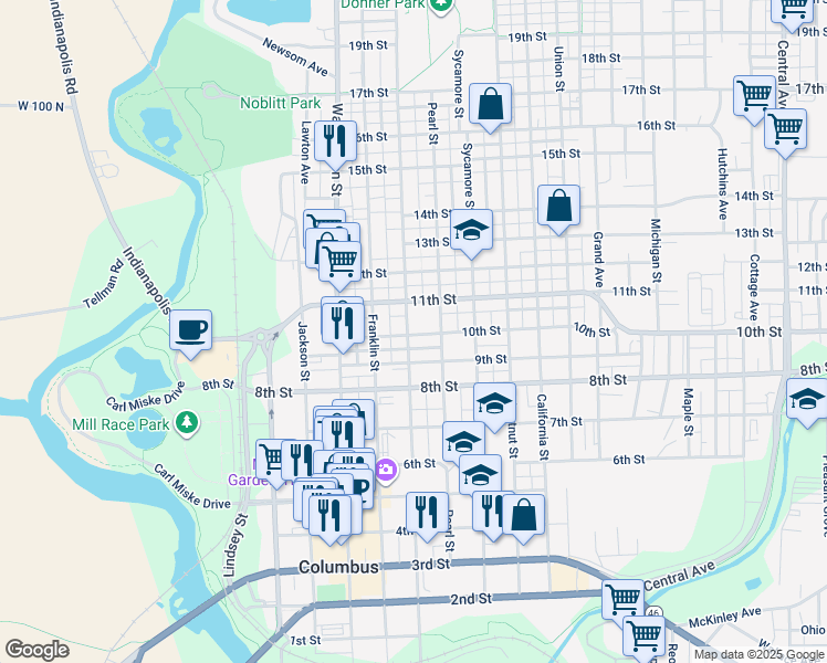 map of restaurants, bars, coffee shops, grocery stores, and more near 1001 Lafayette Avenue in Columbus