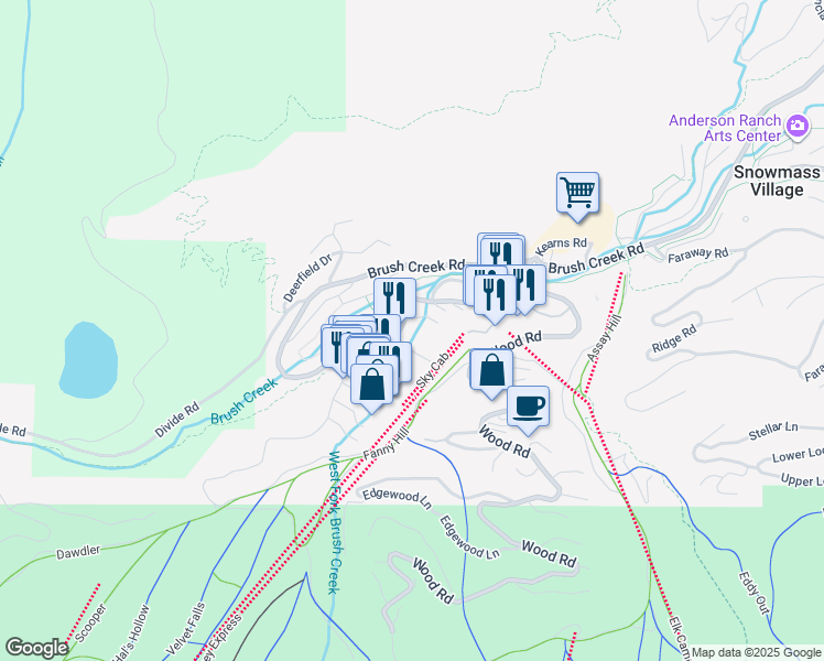 map of restaurants, bars, coffee shops, grocery stores, and more near 30 Anderson Lane in Snowmass Village
