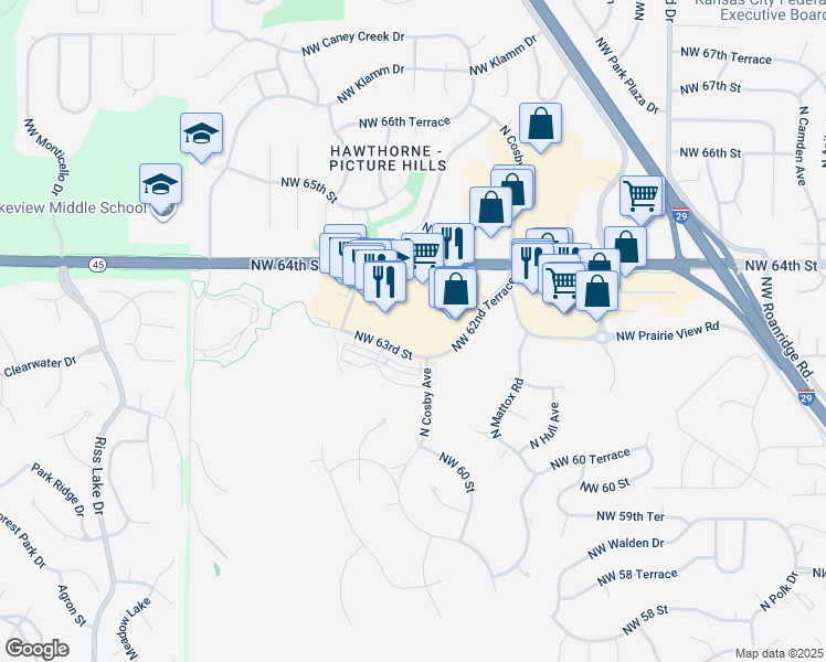 map of restaurants, bars, coffee shops, grocery stores, and more near 5951 Northwest 63rd Terrace in Kansas City