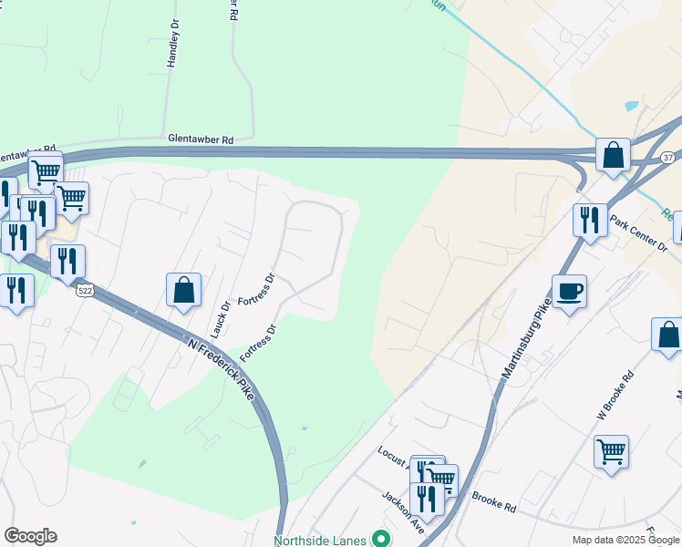 map of restaurants, bars, coffee shops, grocery stores, and more near 407 Fortress Drive in Winchester