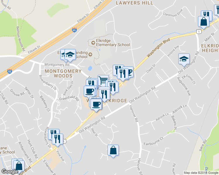 map of restaurants, bars, coffee shops, grocery stores, and more near 6262 Washington Blvd in Elkridge