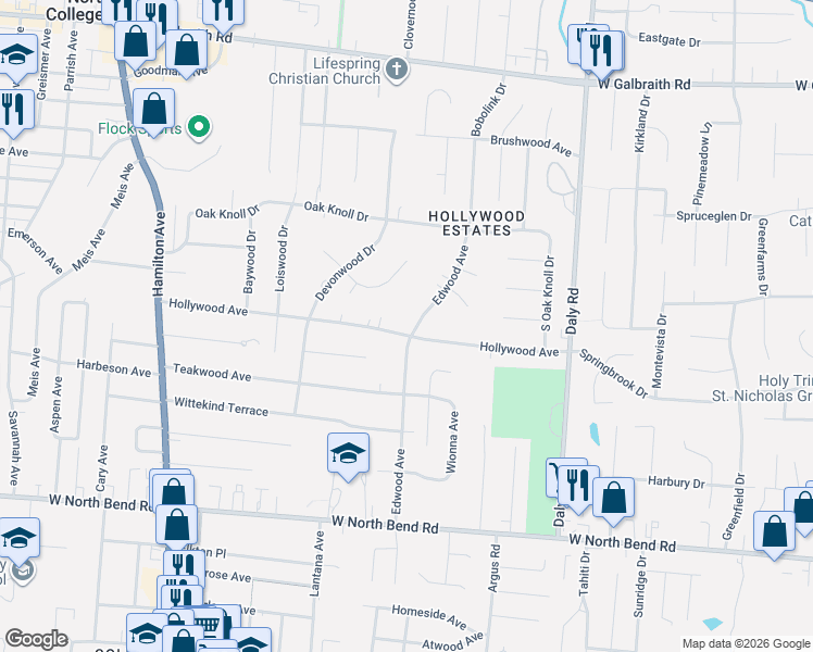 map of restaurants, bars, coffee shops, grocery stores, and more near 1278 Hollywood Avenue in Cincinnati