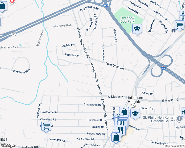 map of restaurants, bars, coffee shops, grocery stores, and more near 218 North Hammonds Ferry Road in Linthicum Heights