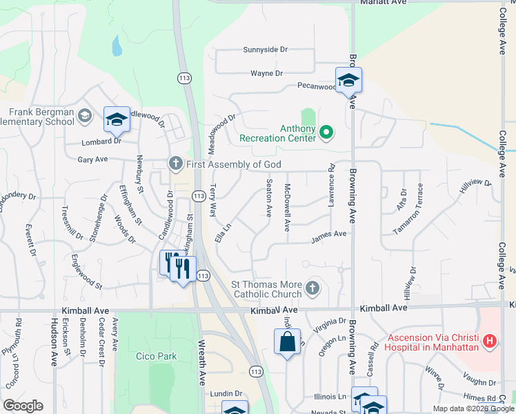 map of restaurants, bars, coffee shops, grocery stores, and more near 3104 Carol Renee Ct in Manhattan