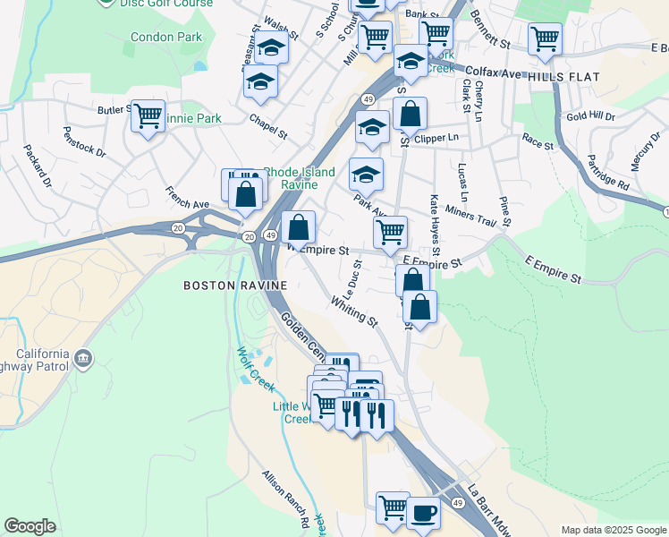 map of restaurants, bars, coffee shops, grocery stores, and more near 612 Kechely Court in Grass Valley