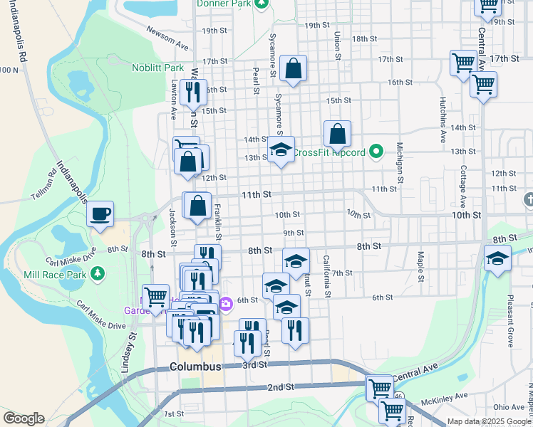 map of restaurants, bars, coffee shops, grocery stores, and more near 704 10th Street in Columbus