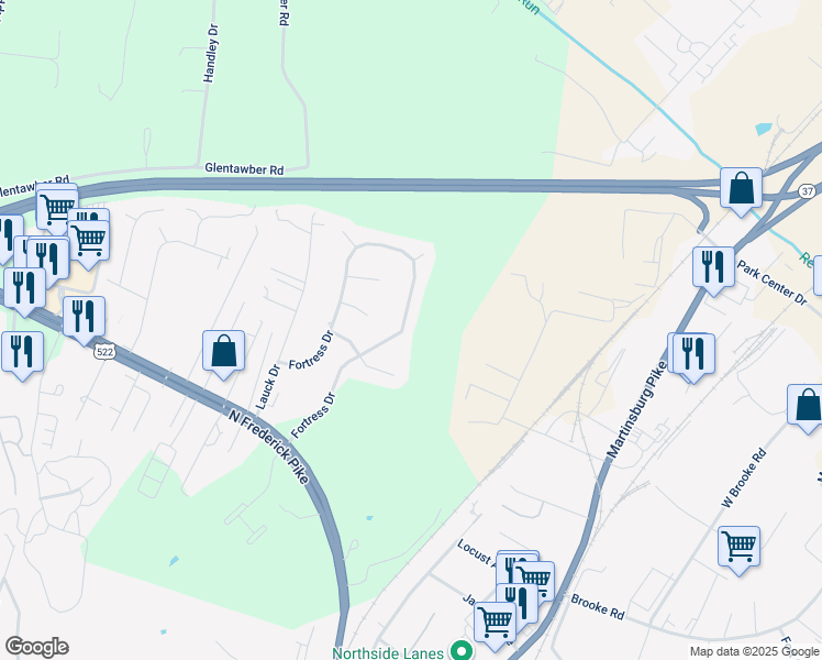 map of restaurants, bars, coffee shops, grocery stores, and more near 407 Fortress Drive in Winchester