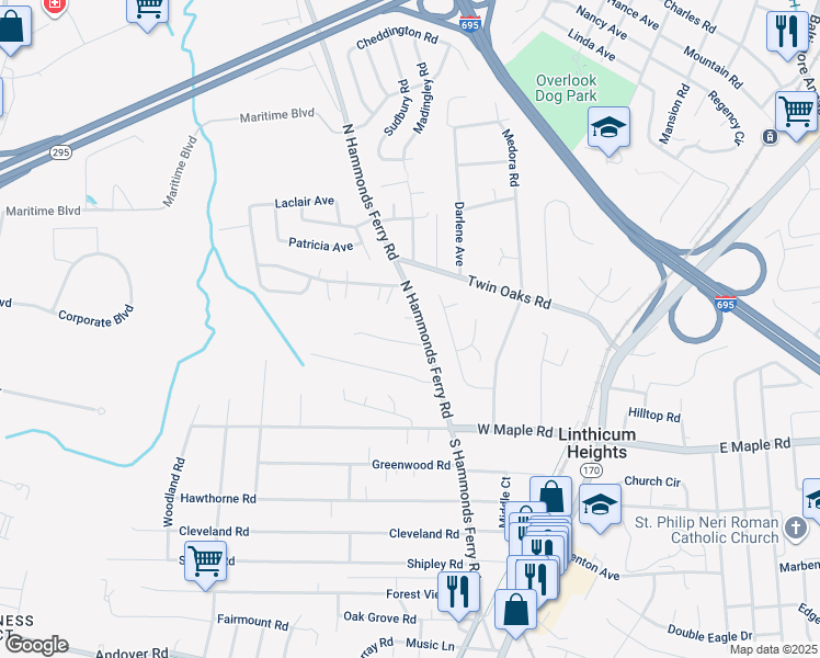 map of restaurants, bars, coffee shops, grocery stores, and more near 218 North Hammonds Ferry Road in Linthicum Heights