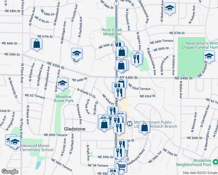 map of restaurants, bars, coffee shops, grocery stores, and more near 6305 Northeast Wabash Drive in Gladstone
