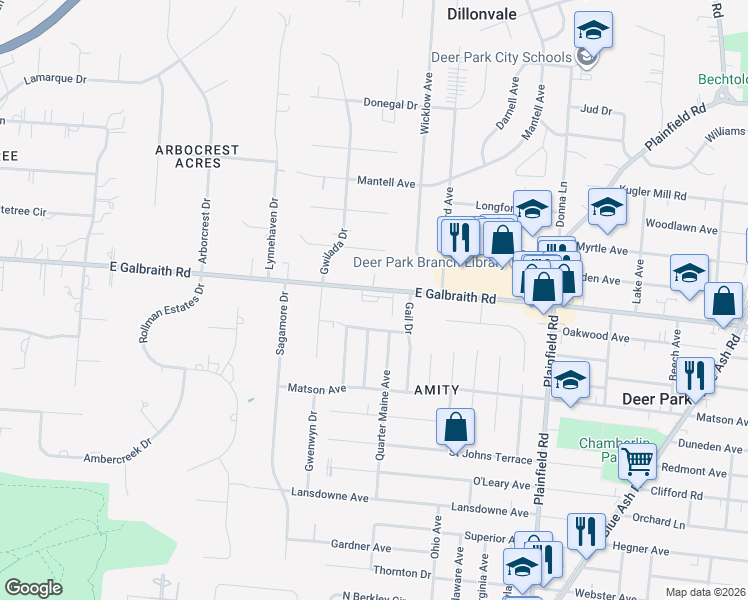 map of restaurants, bars, coffee shops, grocery stores, and more near 3801 East Galbraith Road in Cincinnati