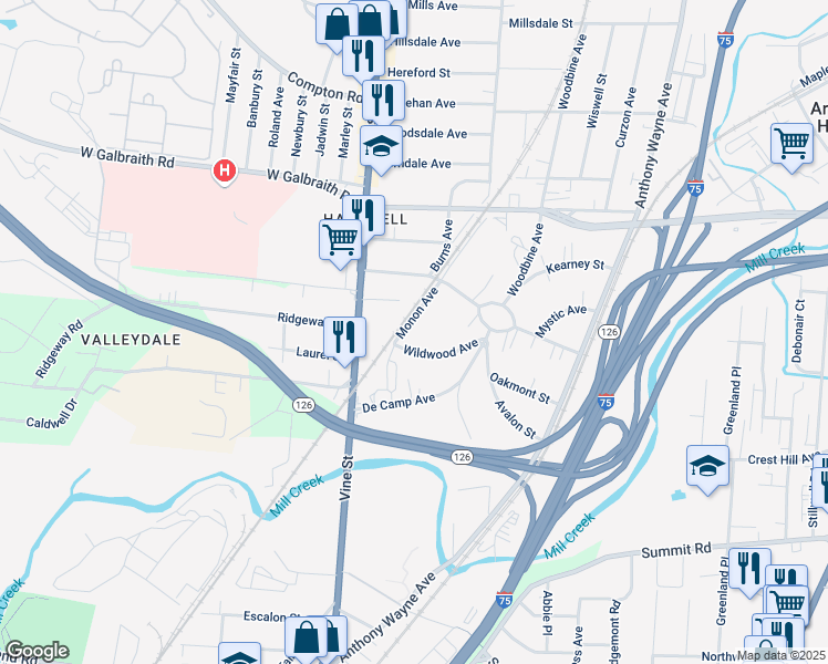 map of restaurants, bars, coffee shops, grocery stores, and more near 108 Wildwood Street in Cincinnati