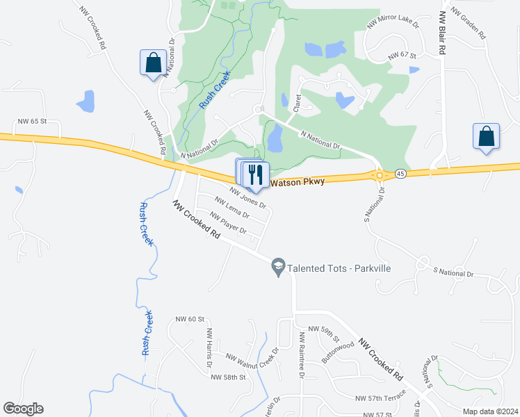 map of restaurants, bars, coffee shops, grocery stores, and more near 6301 Northwest Casper Drive in Parkville