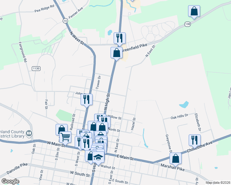 map of restaurants, bars, coffee shops, grocery stores, and more near 109 East Collins Avenue in Hillsboro