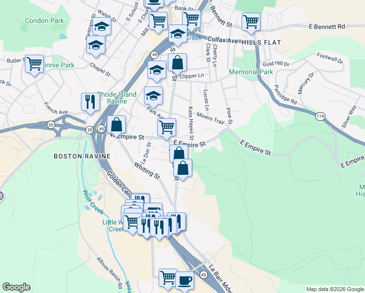 map of restaurants, bars, coffee shops, grocery stores, and more near 119 East Empire Street in Grass Valley
