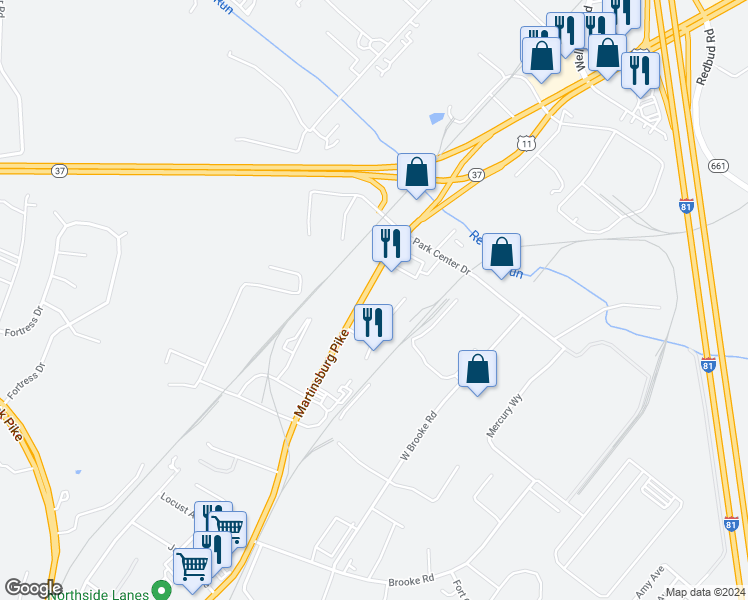 map of restaurants, bars, coffee shops, grocery stores, and more near 1196 Martinsburg Pike in Winchester