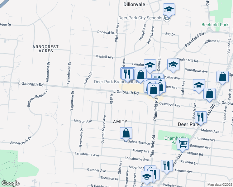 map of restaurants, bars, coffee shops, grocery stores, and more near 7880 Gail Drive in Cincinnati