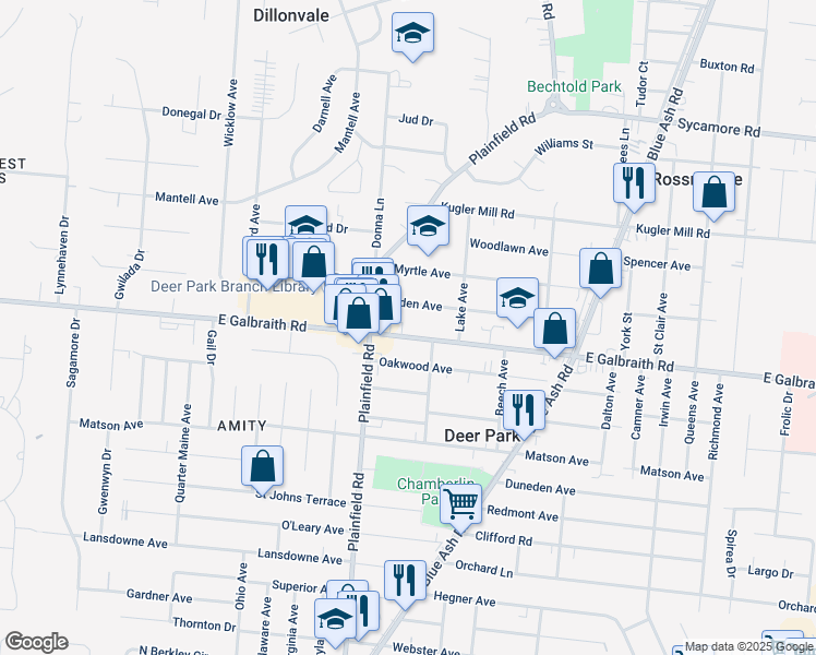 map of restaurants, bars, coffee shops, grocery stores, and more near 4142 East Galbraith Road in Cincinnati