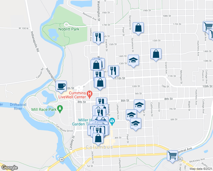 map of restaurants, bars, coffee shops, grocery stores, and more near 1010a Franklin Street in Columbus