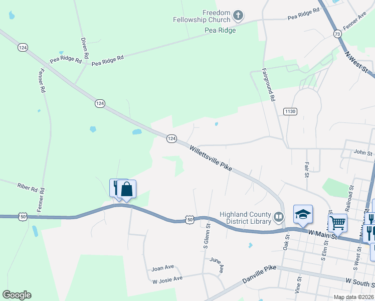 map of restaurants, bars, coffee shops, grocery stores, and more near 6994 Ohio 124 in Hillsboro