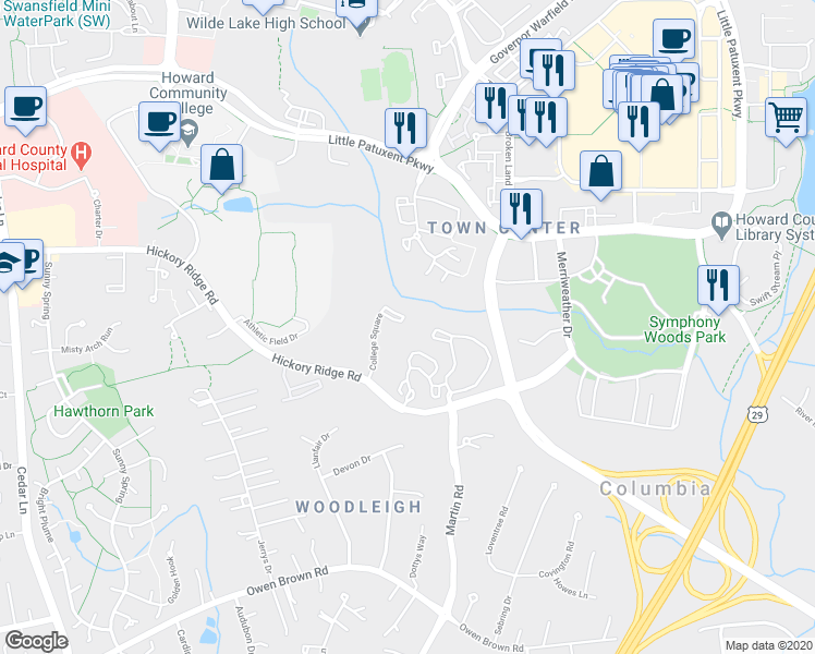 map of restaurants, bars, coffee shops, grocery stores, and more near 10380 College Square in Columbia
