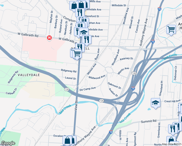 map of restaurants, bars, coffee shops, grocery stores, and more near 108 Wildwood Street in Cincinnati
