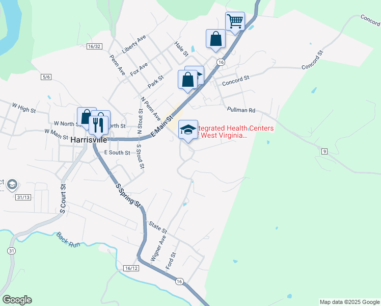 map of restaurants, bars, coffee shops, grocery stores, and more near 66 Woodland Avenue in Harrisville