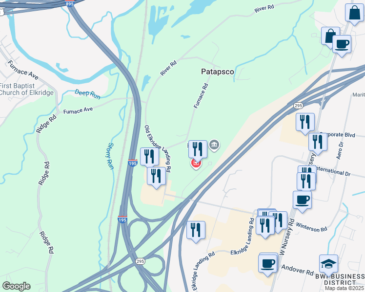 map of restaurants, bars, coffee shops, grocery stores, and more near 1401 Furnace Road in Linthicum Heights