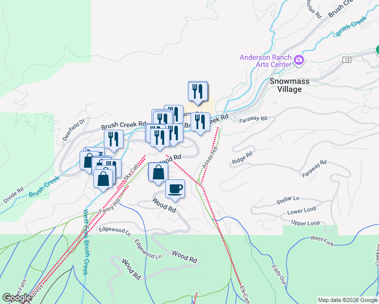 map of restaurants, bars, coffee shops, grocery stores, and more near 221 Wood Road in Aspen