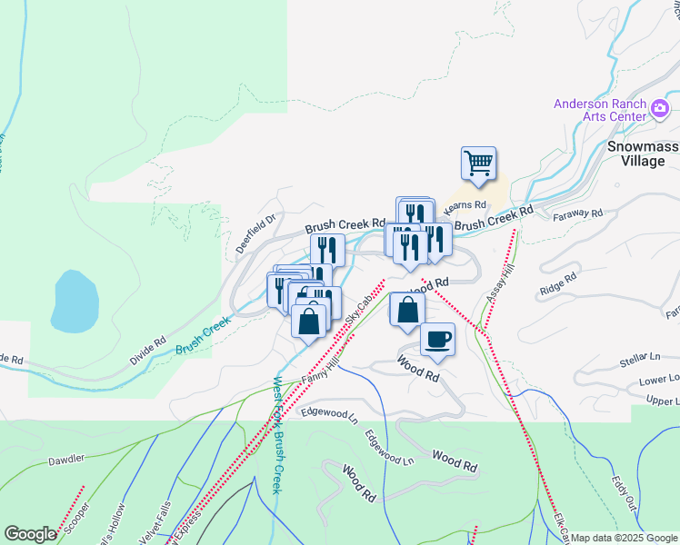 map of restaurants, bars, coffee shops, grocery stores, and more near 30 Anderson Lane in Snowmass Village