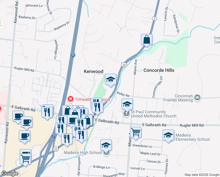 map of restaurants, bars, coffee shops, grocery stores, and more near 8401 Montgomery Road in Cincinnati