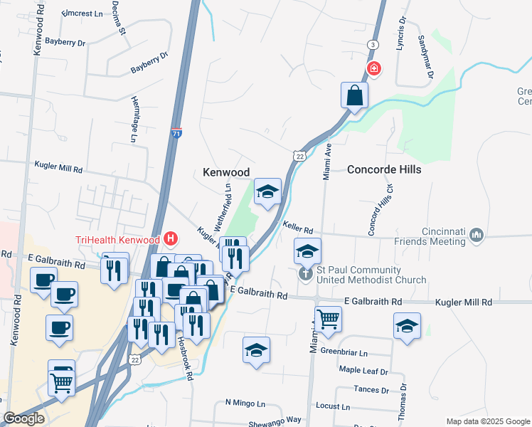 map of restaurants, bars, coffee shops, grocery stores, and more near 8401 Montgomery Road in Cincinnati