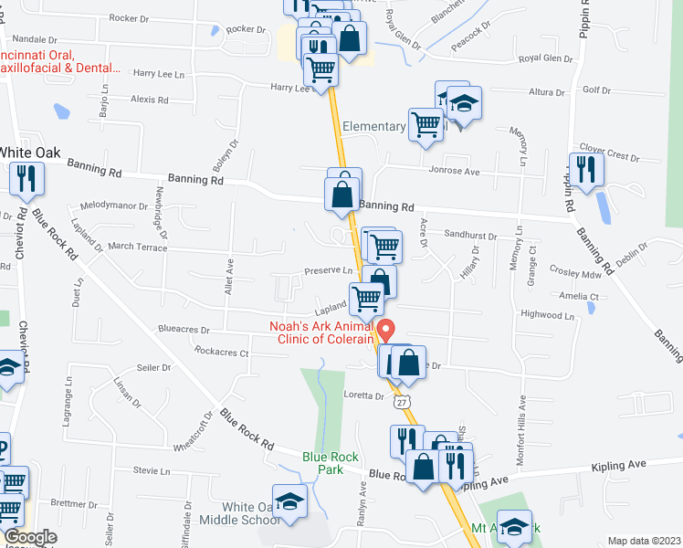 map of restaurants, bars, coffee shops, grocery stores, and more near 3041 Preserve Lane in Cincinnati