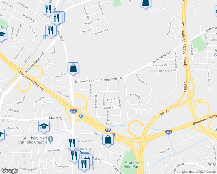 map of restaurants, bars, coffee shops, grocery stores, and more near 5903 Lynbrook Road in Anne Arundel County