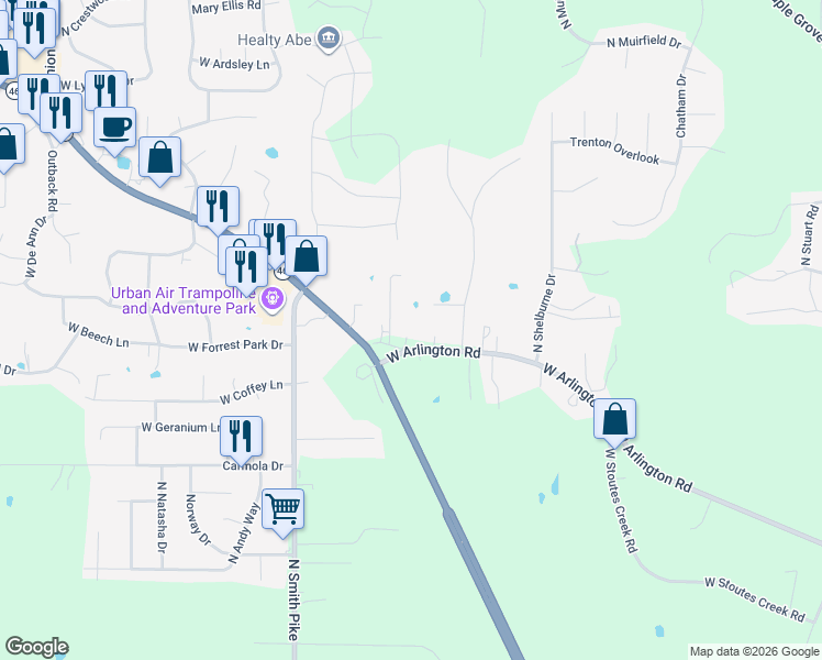 map of restaurants, bars, coffee shops, grocery stores, and more near 4950 West Arlington Road in Bloomington