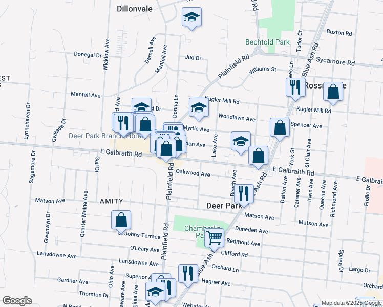 map of restaurants, bars, coffee shops, grocery stores, and more near 4142 East Galbraith Road in Cincinnati