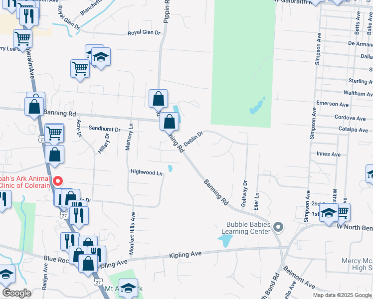 map of restaurants, bars, coffee shops, grocery stores, and more near 2432 Banning Road in Cincinnati