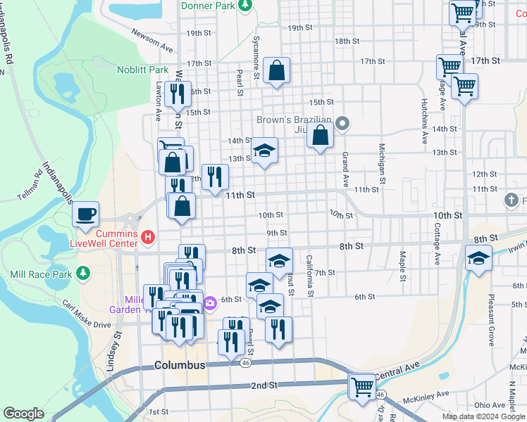 map of restaurants, bars, coffee shops, grocery stores, and more near 704 10th Street in Columbus