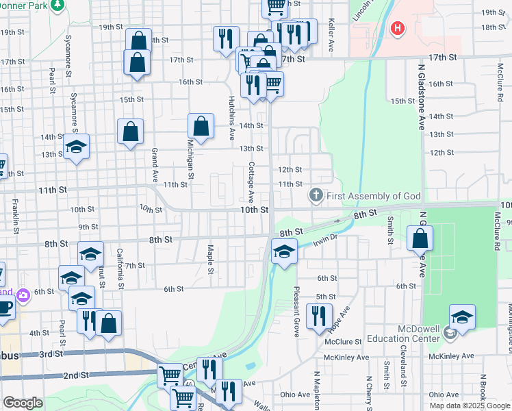map of restaurants, bars, coffee shops, grocery stores, and more near 1804 10th Street in Columbus