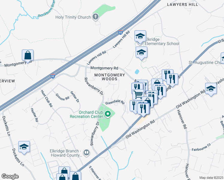 map of restaurants, bars, coffee shops, grocery stores, and more near 5881 Critter Court in Elkridge